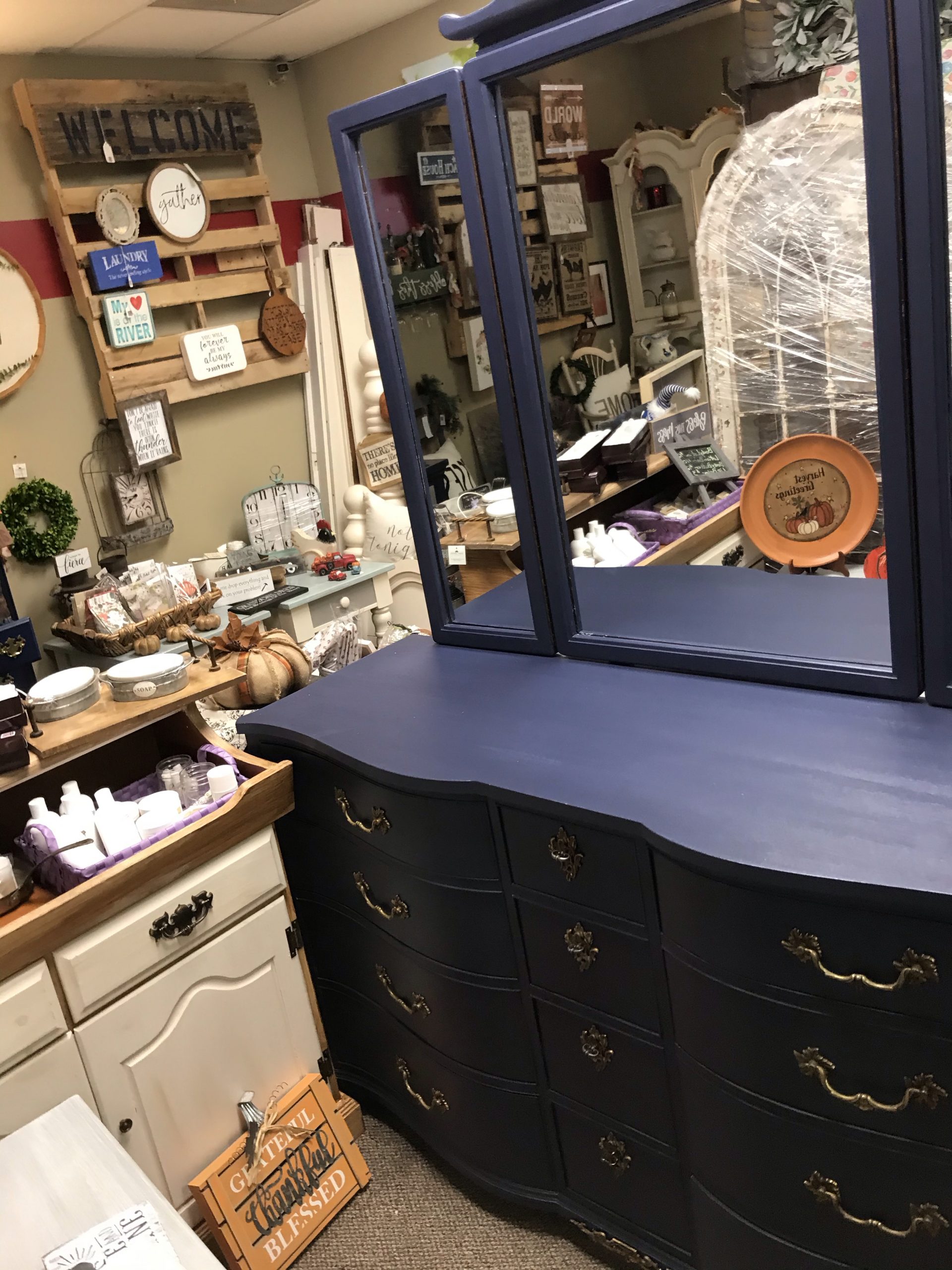 Navy Blue 12 Drawer Dresser W Attached, Dresser With Mirror Attached