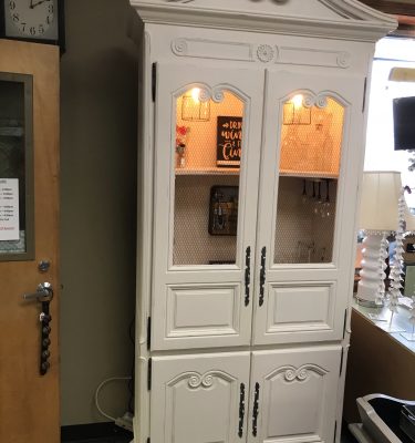 Off -White Distressed Vintage Bar/Coffee Bar Armoire w/Caged Pendant Lights & Chicken Wire Doors