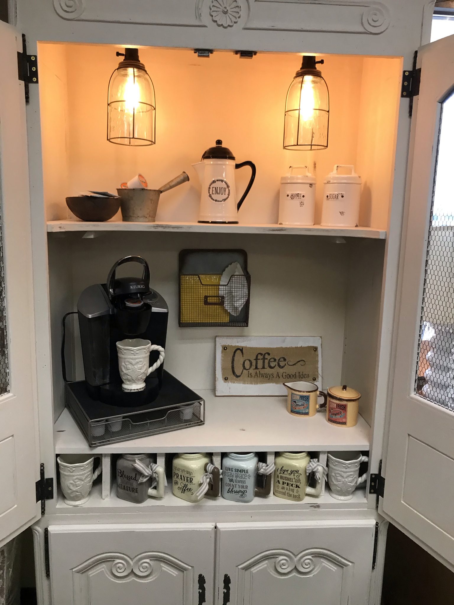 Off White Distressed Vintage Bar/Coffee Bar Armoire w/Caged Pendant Lights & Chicken Wire Doors