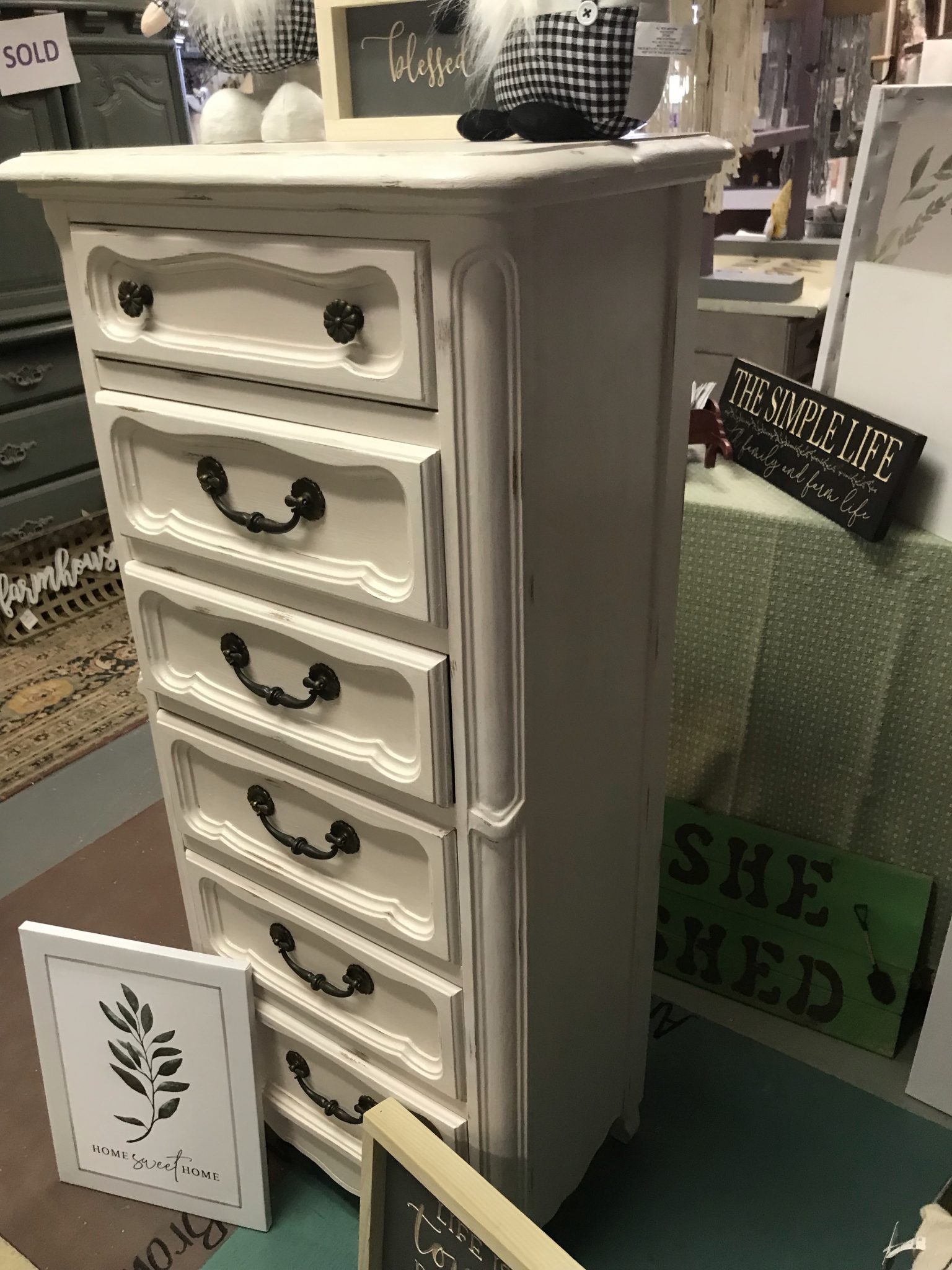 Lightly Distressed OffWhite 6Drawer Tall Narrow Dresser Refreshed
